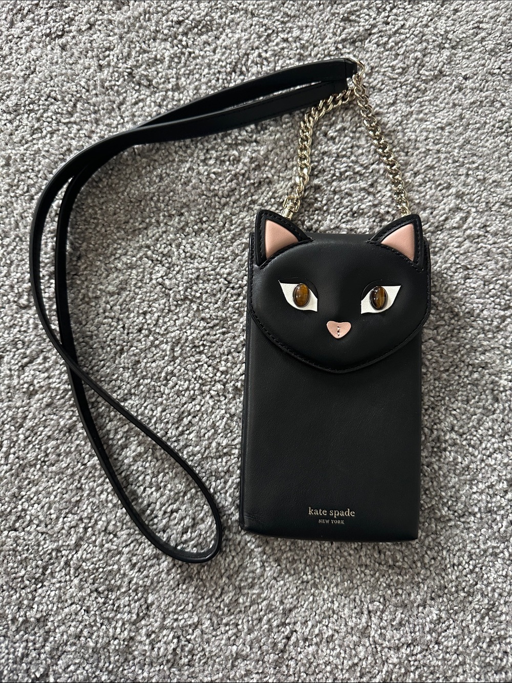 kate spade Black Cat Crossbody Phone Pouch with Gold Chain